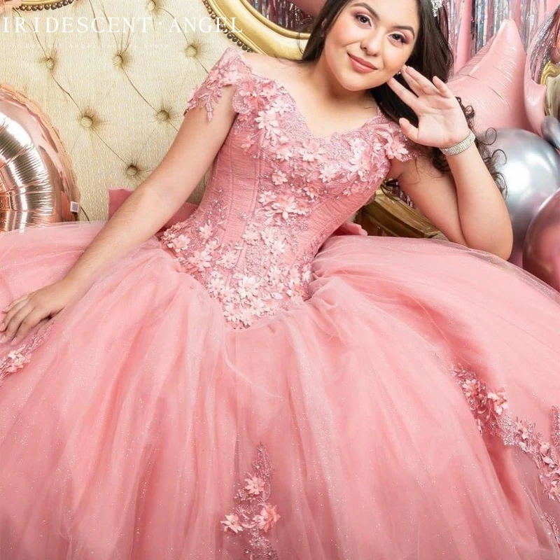 Vestido De baile Rosa iridiscente con hombros descubiertos, vestidos De quinceañera con apliques De cuello en V, Vestido De cumpleaños para niñas dulces De 16 años