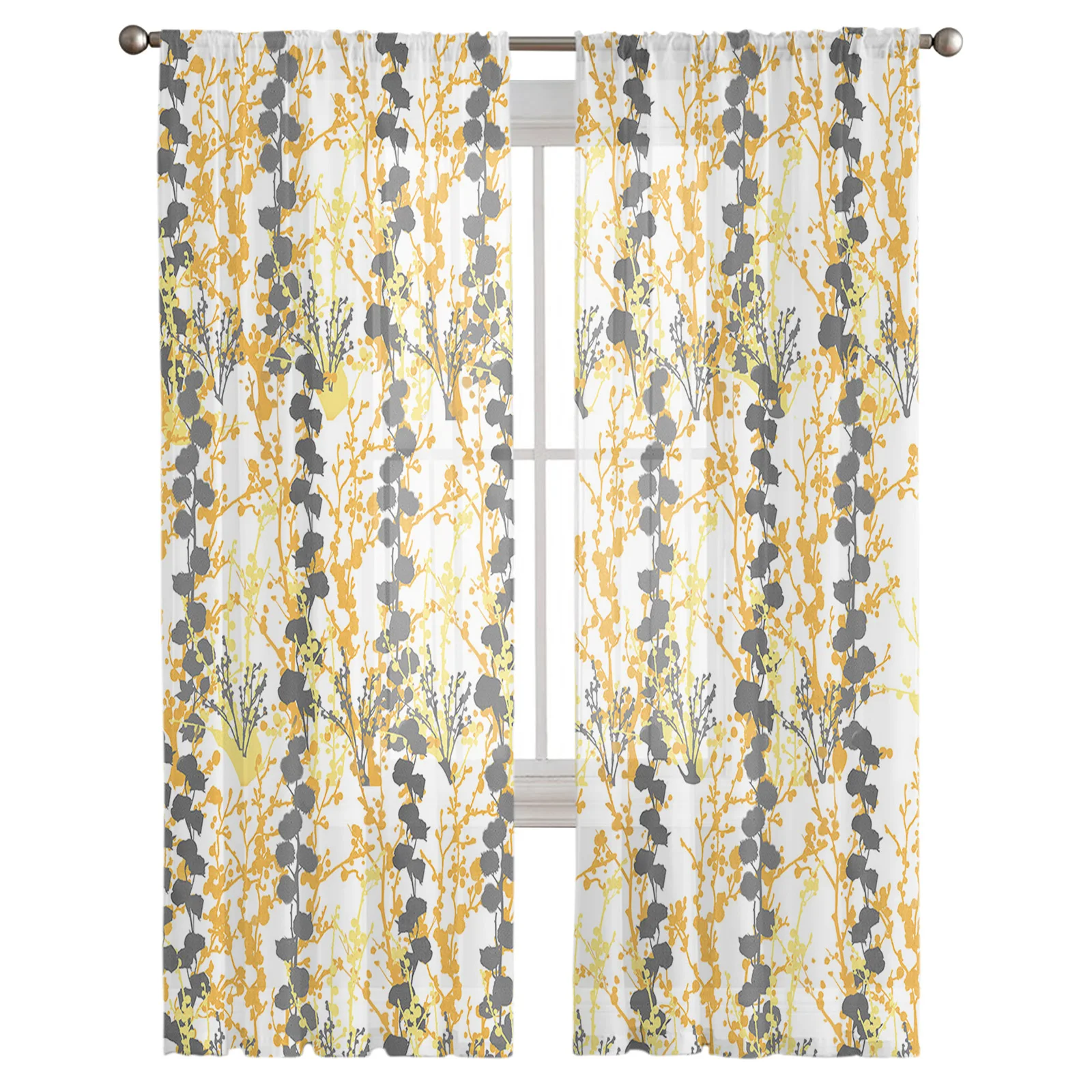 Plant Branches Hand-Painted Yellow Sheer Curtains For Living Room Window Tulle Curtain Bedroom Kitchen Decoration Voile Drapes