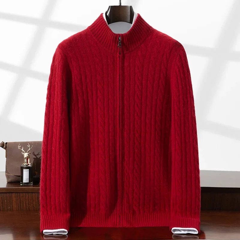 Tcyeek Men's 100% Cashmere Cable Knit Zipper Cardigan Thick Warm Cashmere Sweater Autumn Winter High Quality Cashmere Clothes