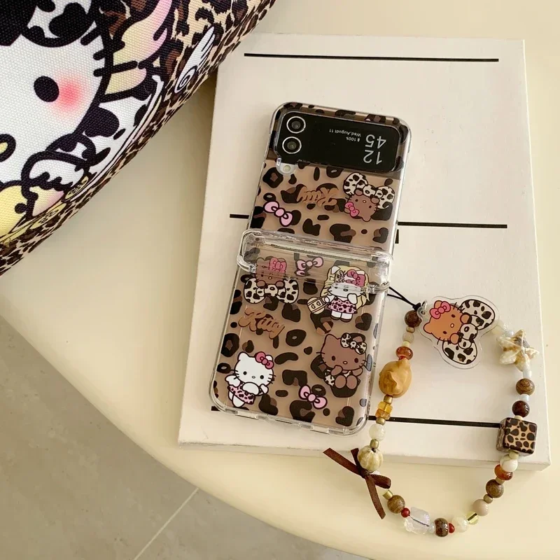 Schattige Cartoon Sanrio Luipaard Print Hello Kitty Card Portemonnee Zak Telefoonhoesje Voor Samsung Galaxy Z Flip 6 5 4 3 Zachte Tpu Hoes