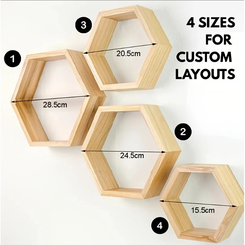 Latest Models Hexagonal Floating Shelves Wall-Mounted Wooden Storage Honeycomb Rack for Home Decoration Wall Mounted