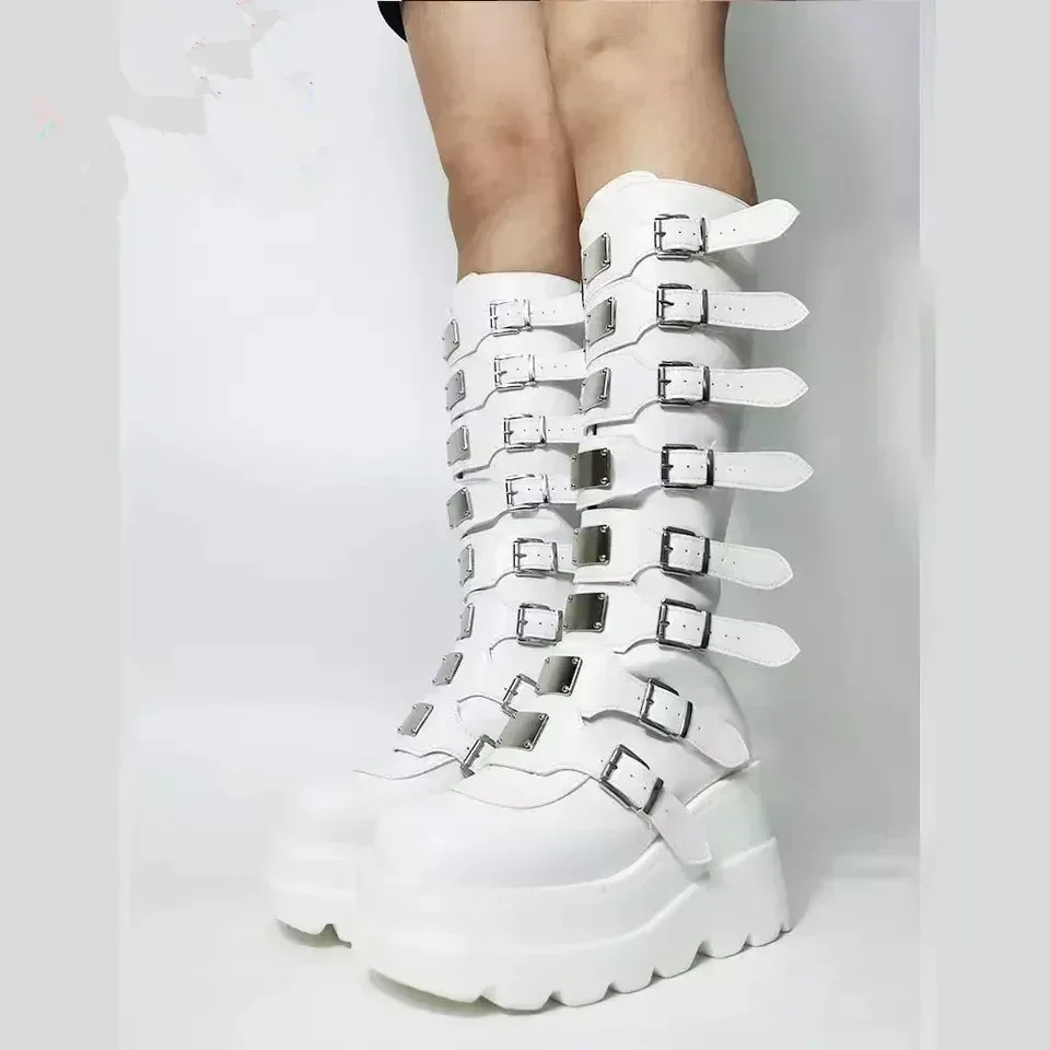 Lange Stiefel Frauen Gothic Schuhe Plattform Kniehohe Stiefel Punk Schwarz Sexy Motorräder Stiefel 2024 Neue Halloween Cosplay Frauen Stiefel