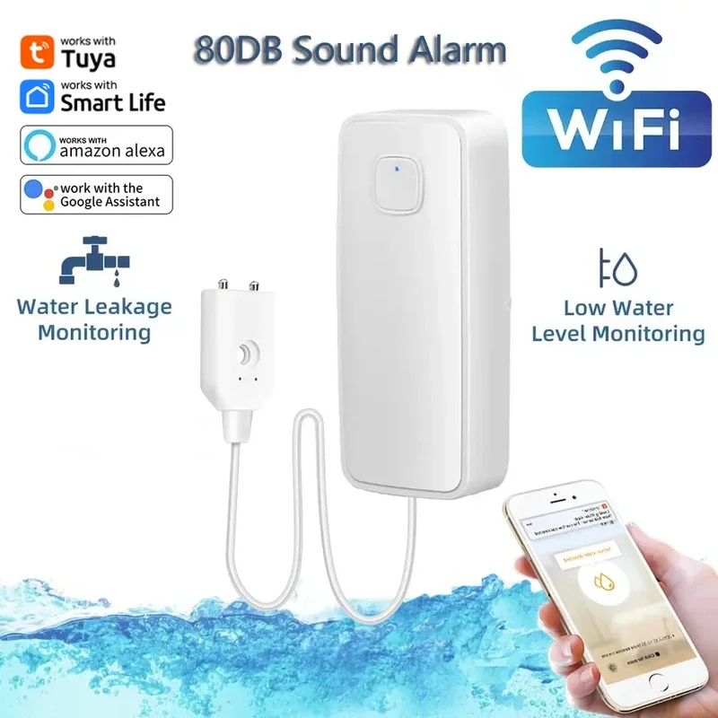 Tuya WiFi waterleksensor SmartLife app controle water overloop niveau detector 80dB geluid alarm smart home overstroming afstandsbediening monitor