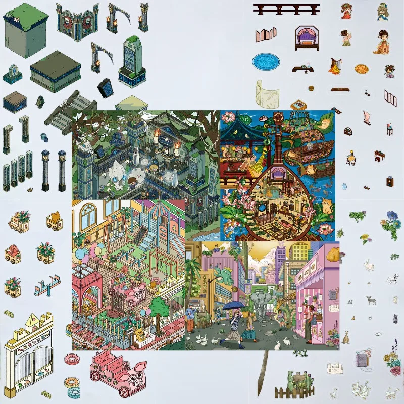 

Large Cartoon Town Diorama Stickers 3D Miniature DIY Scenes for Kids Parent Child Craft Leisure Time Toys Decompression