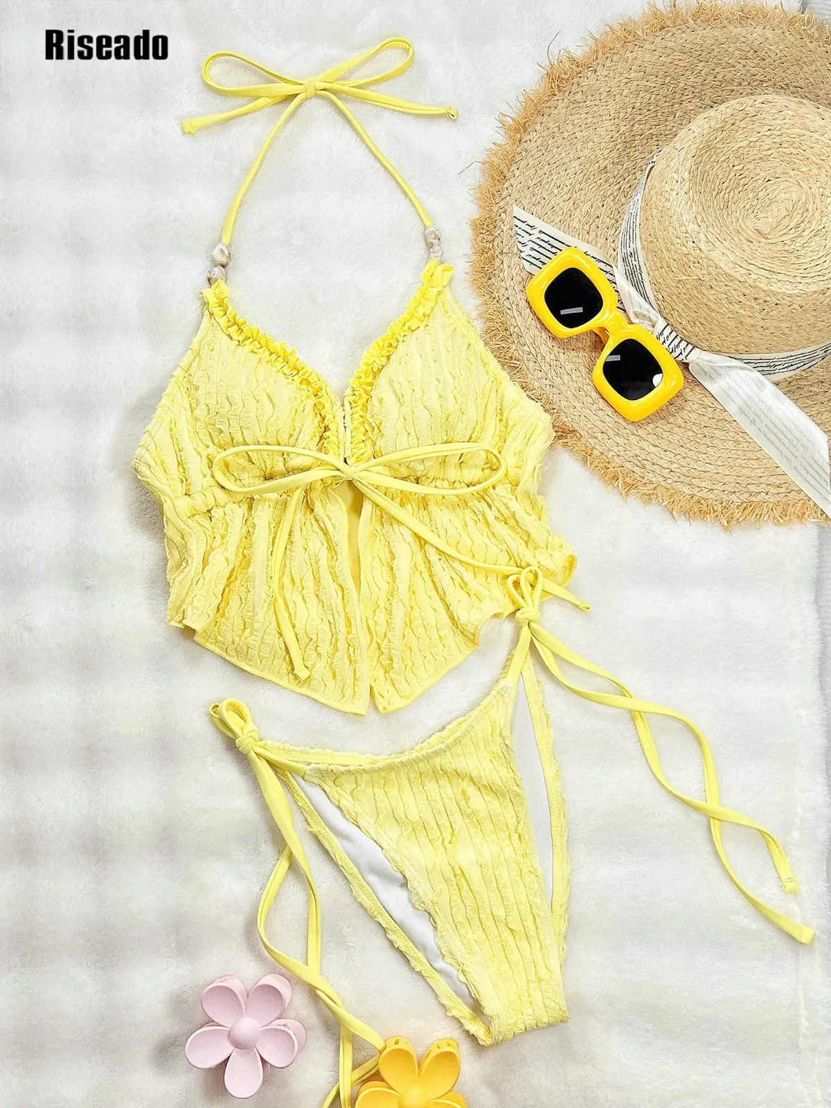 Halter Swimsuits for Women Textured Backless 2 Piece Bathing Suits Cheeky High Cut String Tie Side Bikini Sets