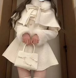 French Elegant Temperament Fur Collar Bow Cape Shawl + Slim Fit Double-breasted Dress 2 Pcs Sets Winter Plush Women Y2k Suits
