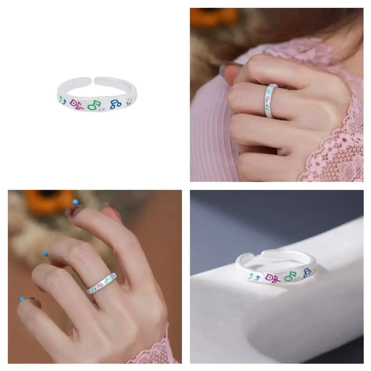 New Fashion Graffiti Style Colorful Painting Rings for Girls Women 925silver Cartoon Pattern Lovely Jewelry Open Adjustable Ring