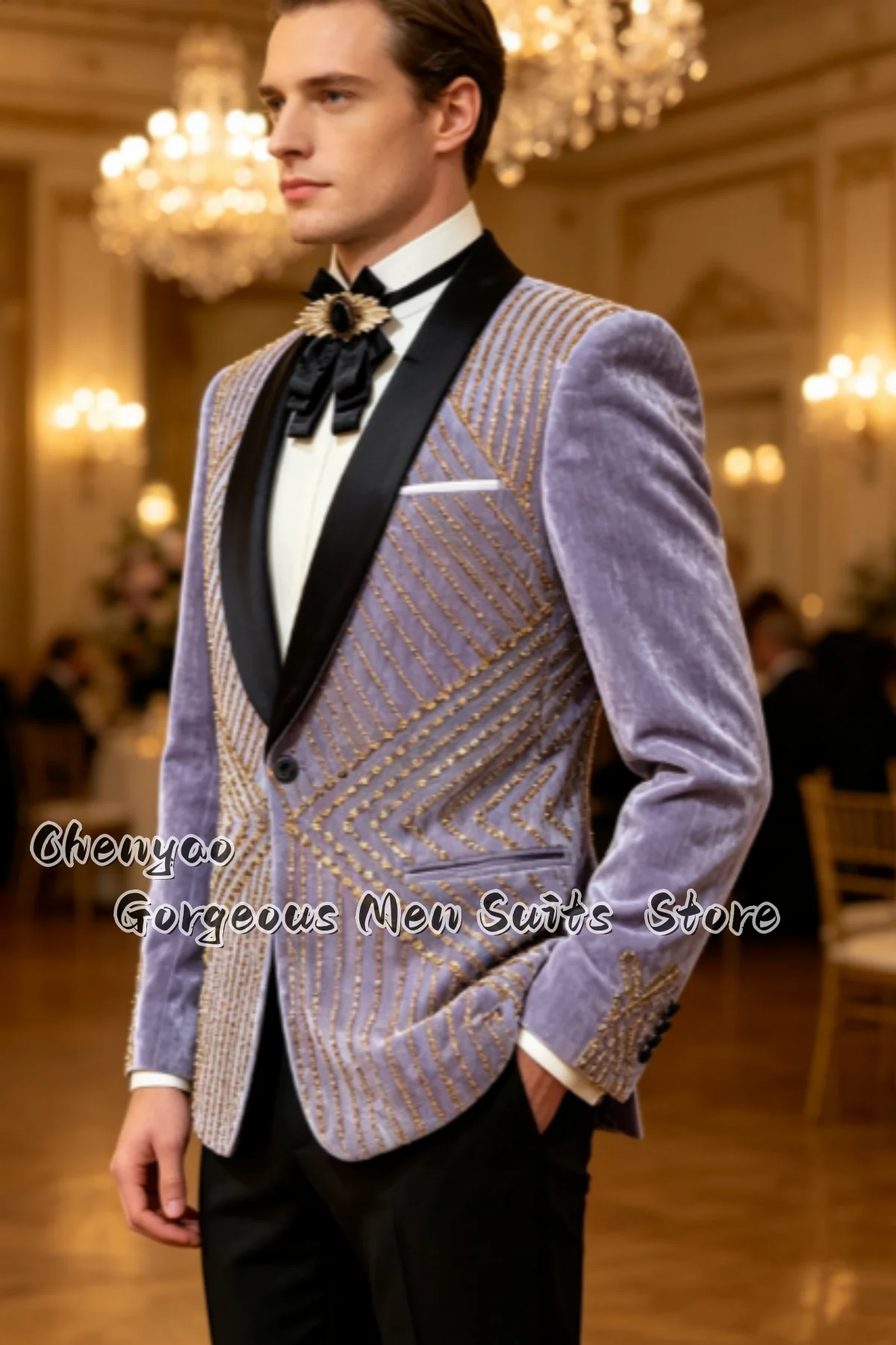 Fashion Men Suits Purple Velvet Groom Tuxedo Gold Beaded Geometric Pattern Formal Customized Blazers 2 Pieces Costume Homme