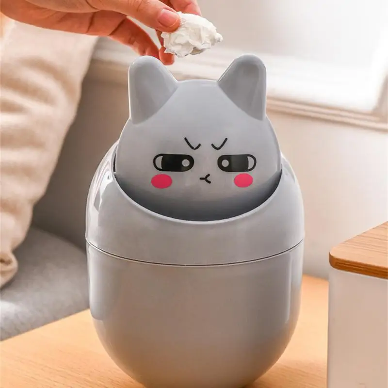 Ins Style Creative Cute Home Desktop with Lid Trash Can Small Mini Kawaii Bedroom Desk Storage Box Pen Holder Give A Sticker