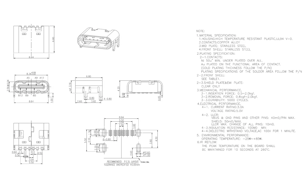 Type C USB SMT Socket Connector USB 3.1 Type-C 6Pin Female Placement SMD DIP For PCB design DIY high current charging - Image 5