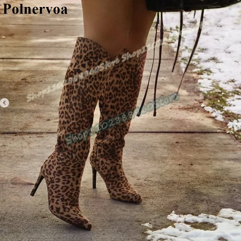 

Plus Size Knee High Leopard Print Boots Thin High Heel Shoes For Women Slip On Pointed Toe Sexy Occidental Party Women Boots
