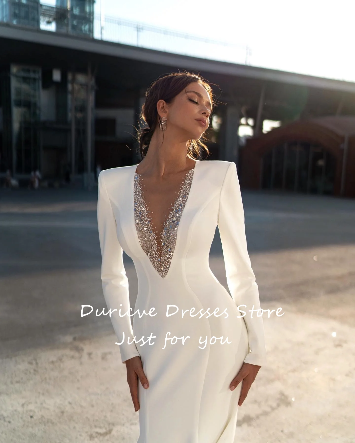 Duricve Customized Vestido De Noiva Simple Satin Mermaid Wedding Dresses Diamond Beading Long Sleeves Beach Bridal Gowns 2027