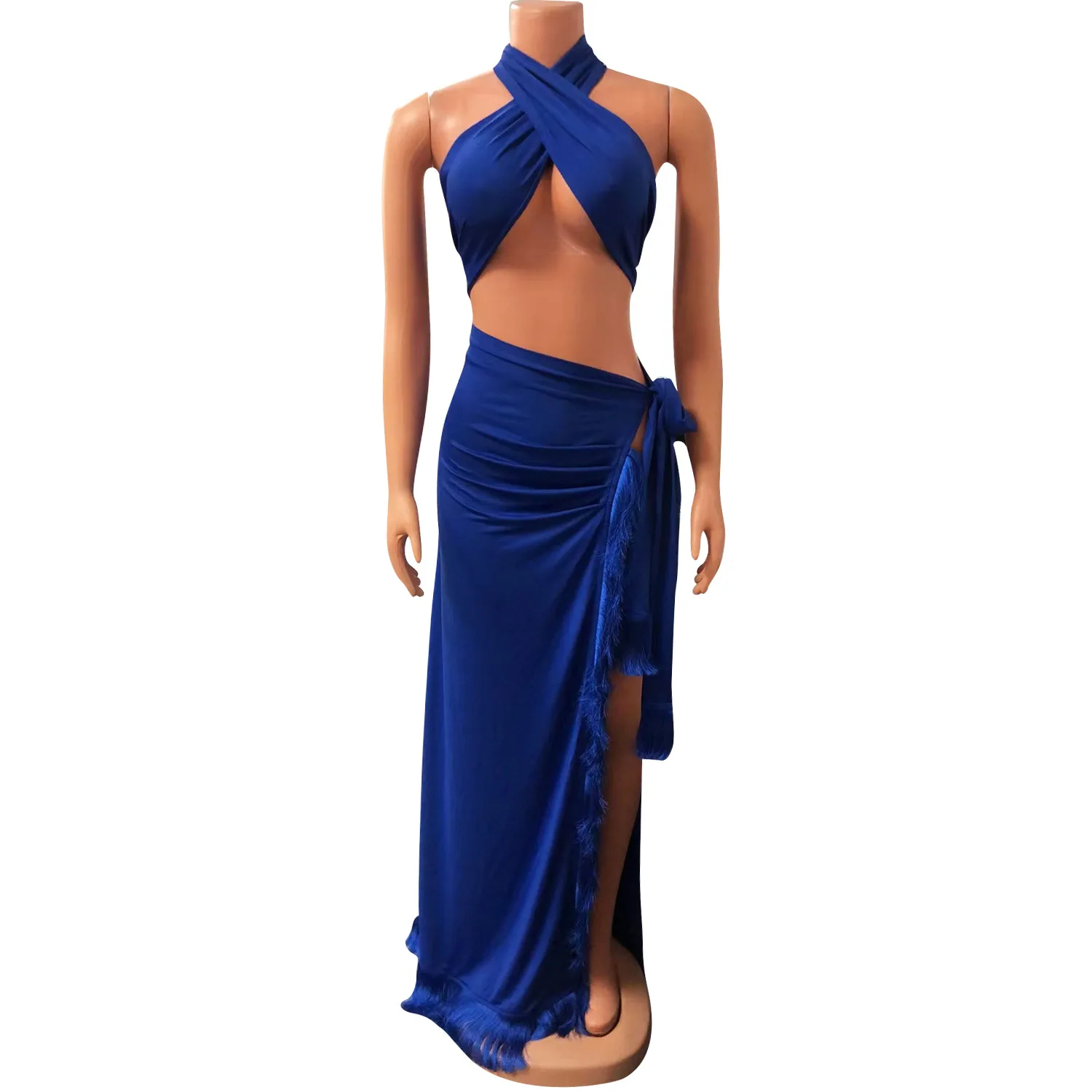 Summer Fringe 2 Piece Skirt Sets Sexy Cropped Tops Outfit 2023 Beach Wear Elegant Luxury Maxi Fringe Dress Sexy Two Piece Set