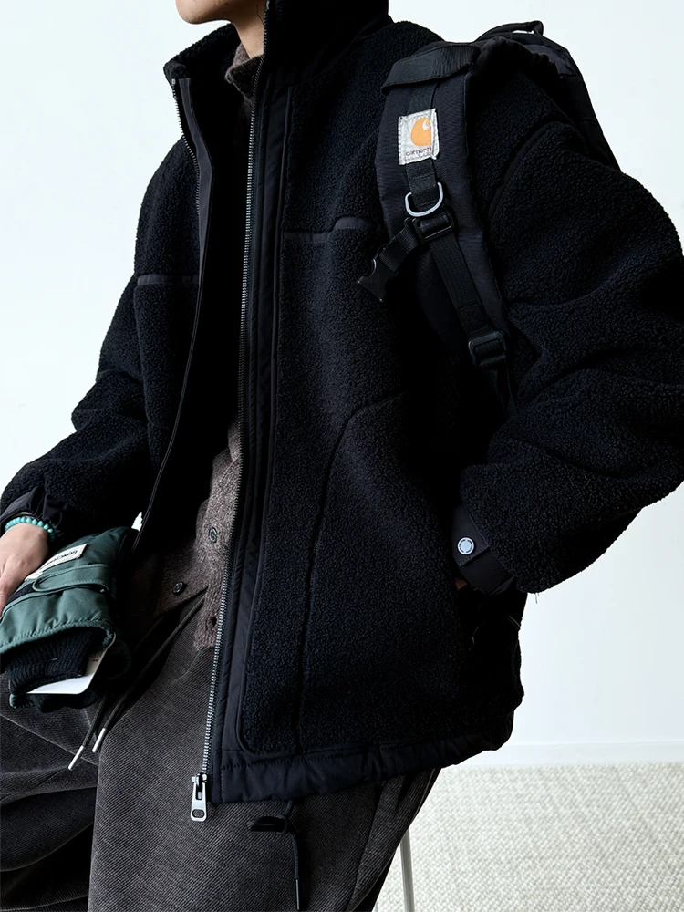 เสื้อแจ็คเก็ตทำงานผู้ชายสไตล์เกาหลี ผ้าฟลีซหนานุ่ม คอตั้ง กันลม กันหนาว ใส่สบาย ดีไซน์ทันสมัย