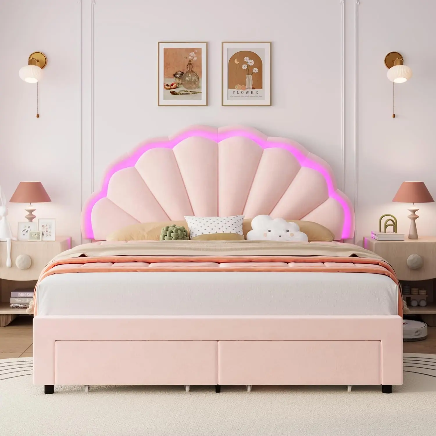 Full Size Upholstered Smart LED Bed Frame 2 Storage Drawers & Adjustable Chic Double Petal Headboard, Princess Platform Bed Pink