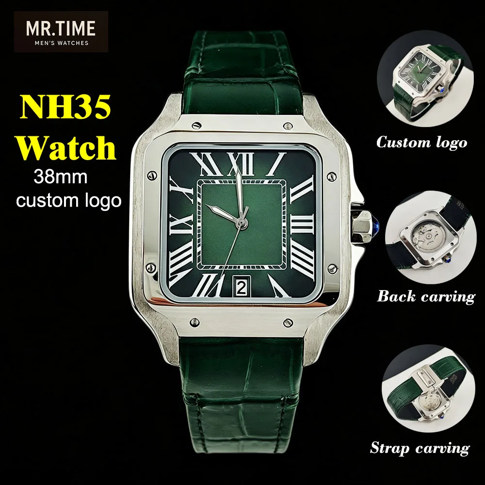 Hot NH35 38mm watch NH35 movement watch custom logo leather watch men's automatic watch Roman numeral dial NH35 movement watch