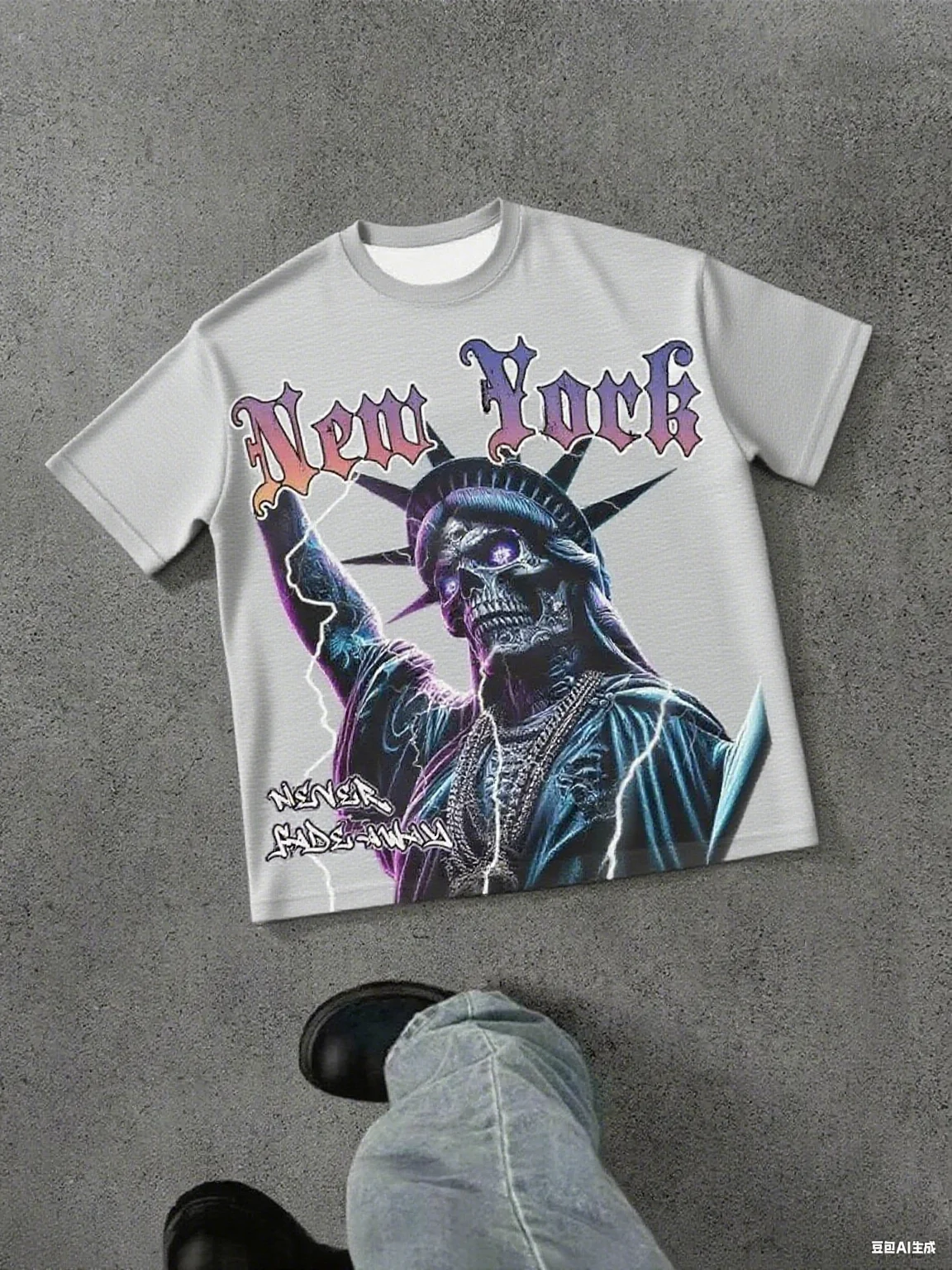 Pure Cotton Short - Sleeve Tee, Unique New York Skull Statue of Liberty Print, Edgy Streetwear, Soft Fabric for Casual Looks