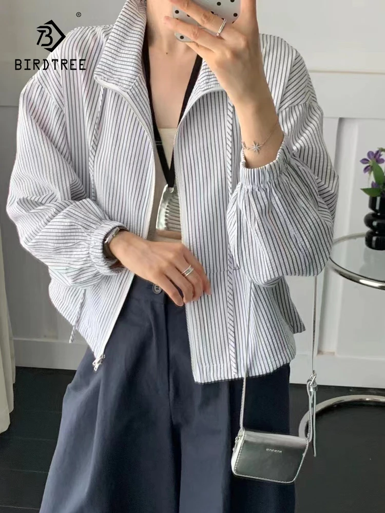 

New Summer Cotton Long Sleeve Casual Coat, Women Stand Vintage Striped Loose Coat, Commute Short 2024 Autumn Jacket C48171QC