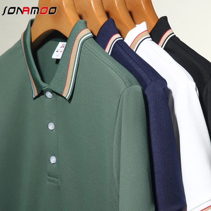 Men\'s Fashion Solid Short Sleeved Striped Lapel Polo Shirt Summer Breathable Comfortable Top