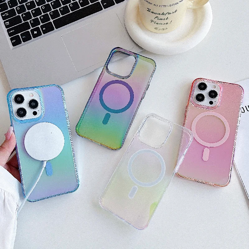 

Laser Gradient Color for Magsafe, Wireless Charging Clear Case for iPhone 15 12 13 14 Pro Max Plus Luxury Magnetic Hard PC Cover