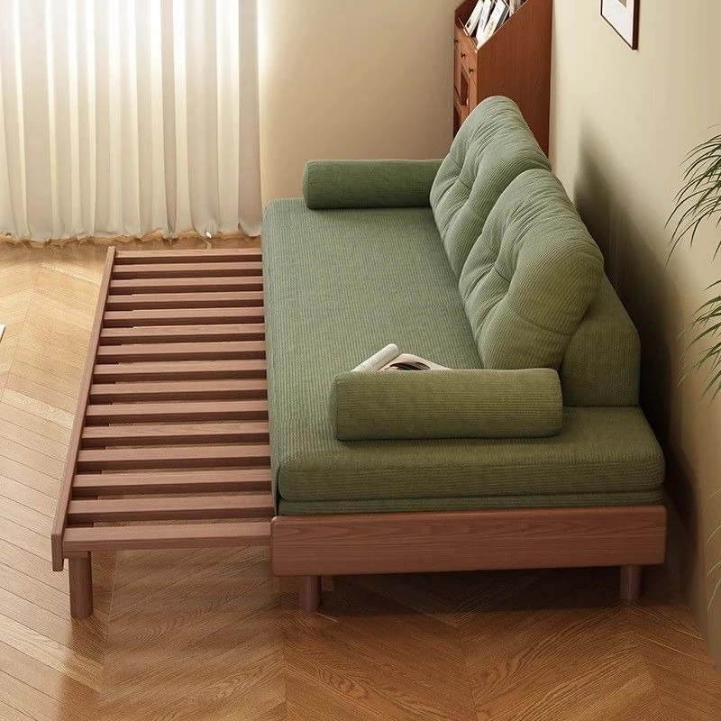 Neues Sofa-Bett aus Eschenholz, klappbar, doppelt nutzbar, für kleine Wohnungen, Wohnzimmer, Einzel- oder Doppelbett, Cord, komplett aus Massivholz.