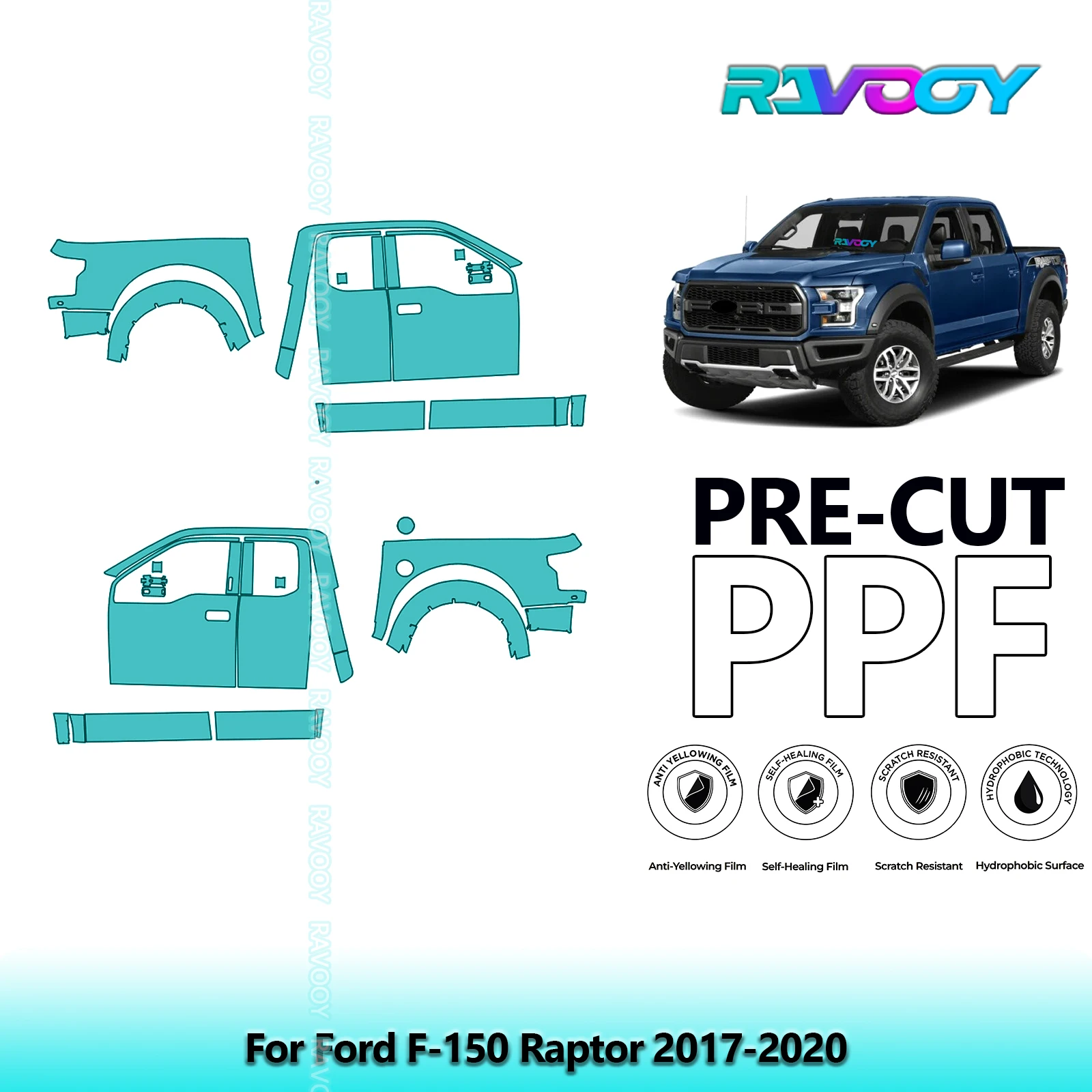 

For Ford F-150 Raptor 2017-2020 8.5mil Clear Matte Pre-Cut PPF Door & A/B Pillar Kit TPU Paint Protection Film Set
