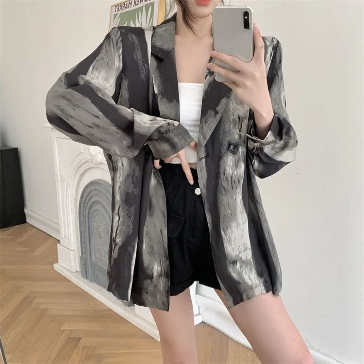 

Fashion Ink Wash Print Notched Collar Jackets Summer Vintage Tie Dye Coat Women 2024 New Long Sleeve Loose Tops Mujer