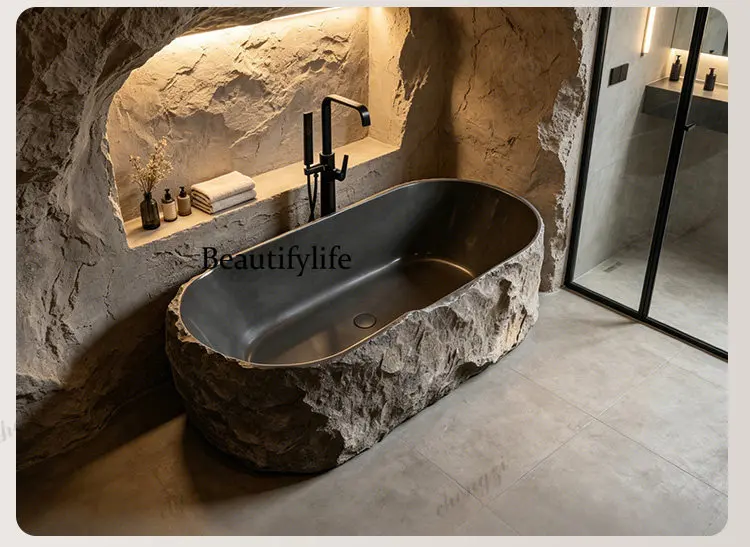 Bath Bath Japanese Oval Household Independent Creative Rock Texture Integrated Deep Bubble Small Unit Double