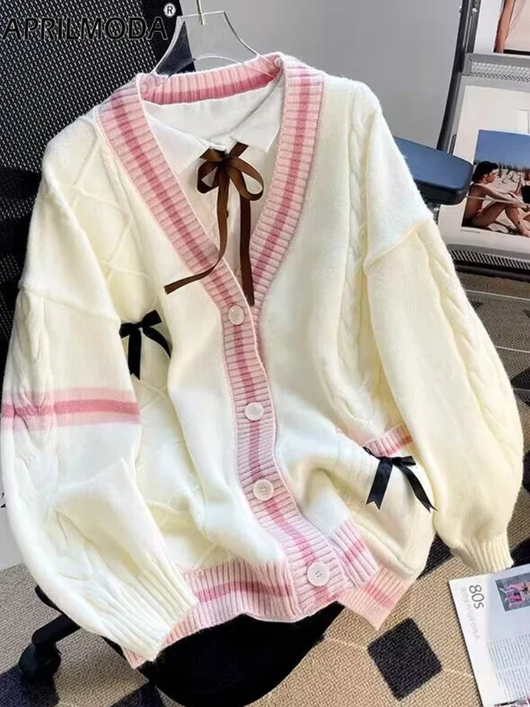

Sweet Bow Y2k Эстетические свободные вязаные кардиганы Универсальные студенческие пальто Модные однобортные женские свитера Kawaii JK Джемпер