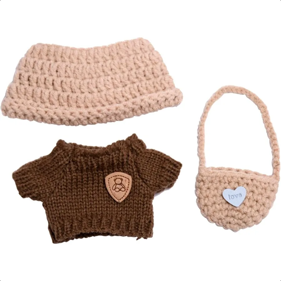 

Clothes for 17cm Dolls Knitted Winter Plush Outfit Set with Accories Hat Sweater and Bag (NO Doll) Brown