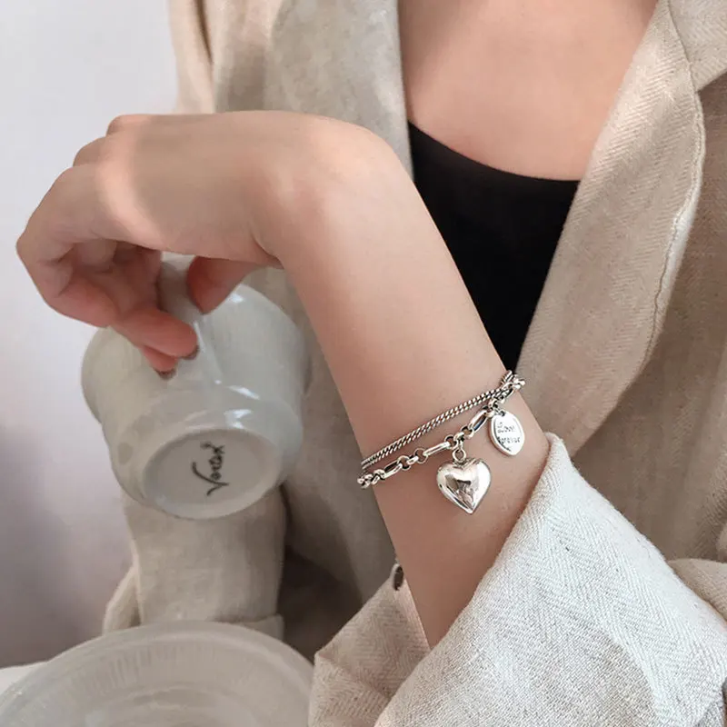 ENSHIR Three-dimensional Heart Round Tag Asymmetric Thick Chain Bracelet for Women Retro Thai Silver Hip Hop Handmade Jewelry