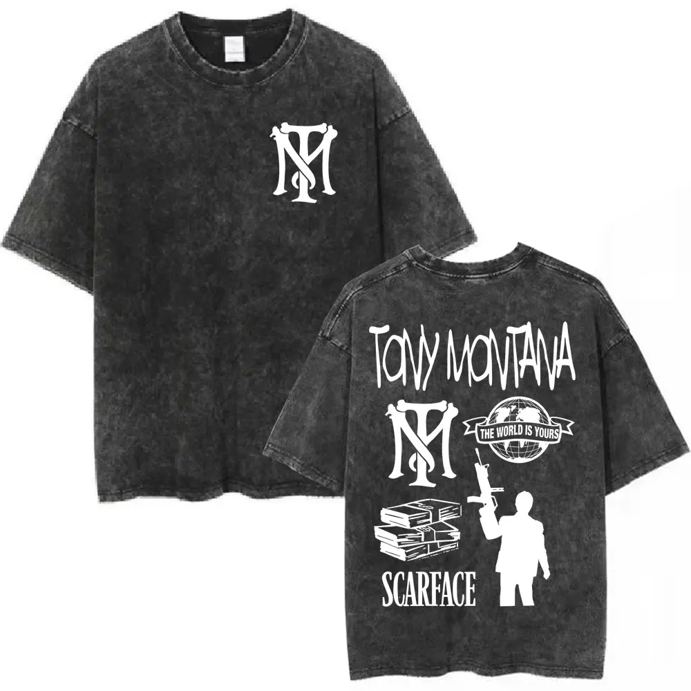 Film Scarface The World Is Yours Vintage Washed T-Shirt Tony Montana Al Pacino T-Shirts Herren Damen Kleidung Oversized T-Shirt – Detail 6