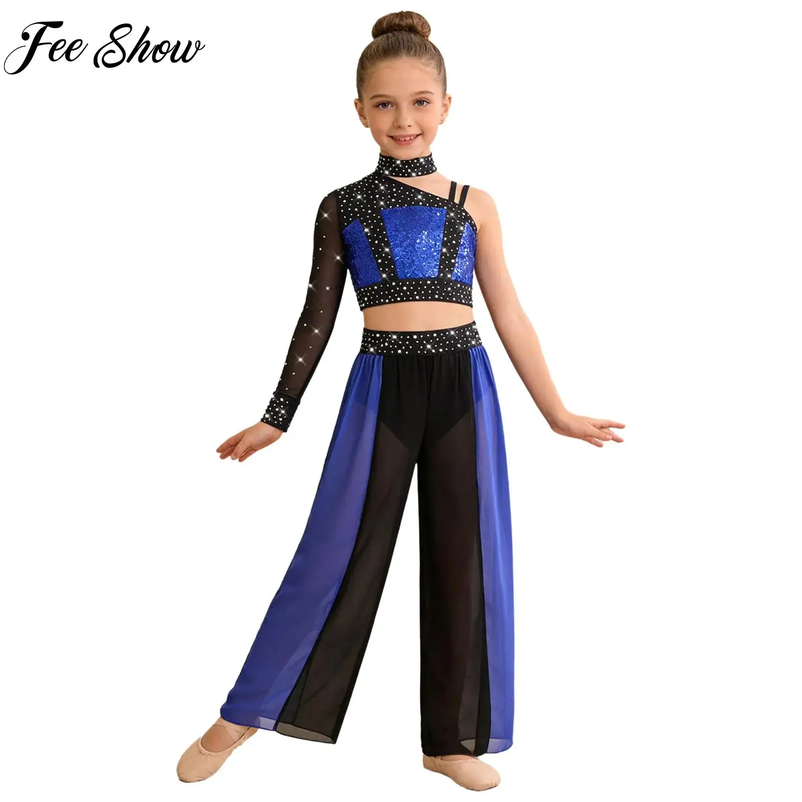 

Детские костюмы для девочек: топ с пайетками и стразами и шифоновые брюки с разрезами для гимнастики, фигурного катания, танцев и выступлений на сцене