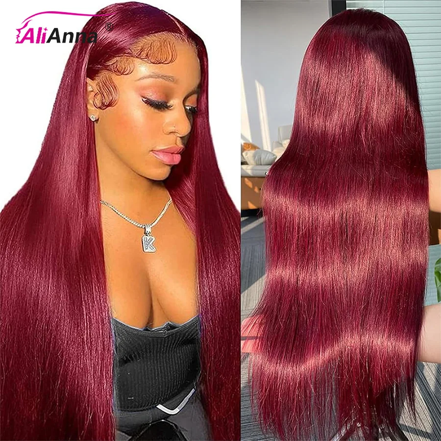 

30 36 38 Inch Burgundy 13x6 HD Lace Frontal Human Hair Wig 200 Density 99J Red Colored Human Hair Wigs Pre Plucked Straight Wig