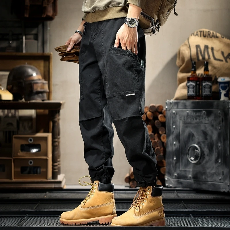 

American Sle Men's Work Pants Spring Autumn New Trendy Loose Cuffed Multi-ket Bla Casual Pants Cotton Elastic Waist