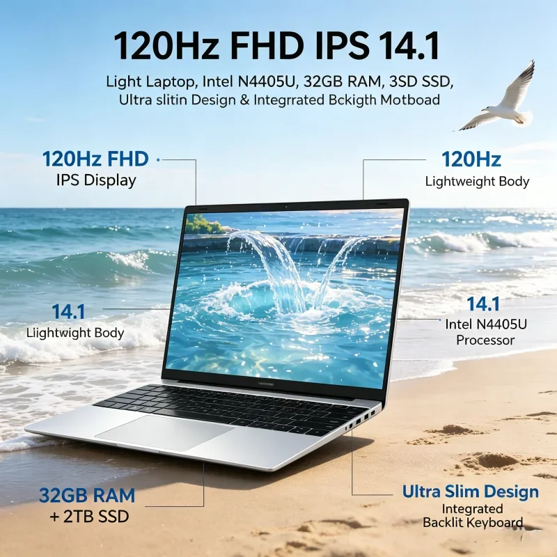 

14.1" Ultra-Slim Notebook, 120Hz FHD IPS Display, Intel N4405U, 32GB RAM, 2TB SSD & Built-in Backlit Keyboard