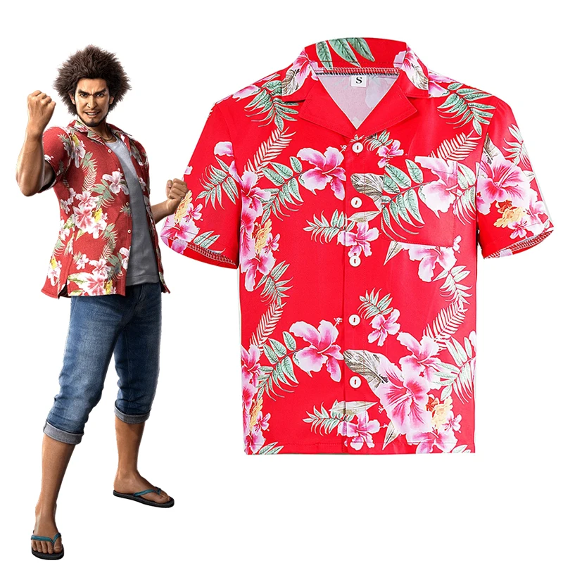 

Kasuga Ichiban Cosplay Costumes Summer Red Printed T-shirt Game Yakuza Role Play Halloween Carnival Party Outfit For Men
