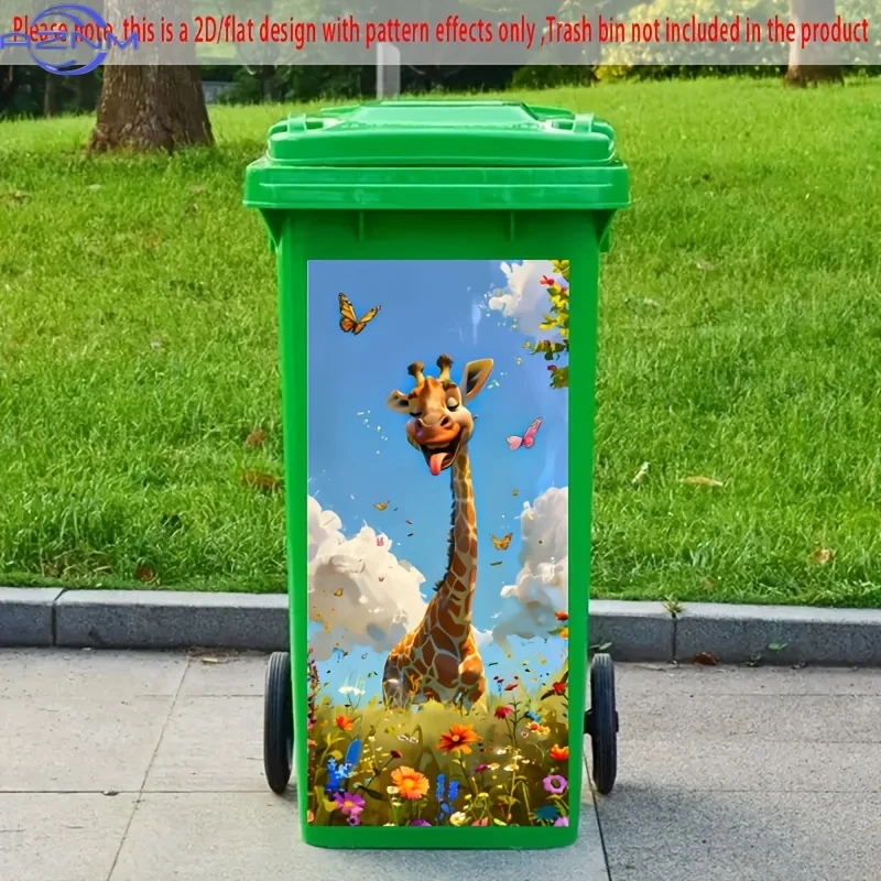 Trash Can Sticker. 37.01*81.99cm. Giraffe, Butterflies and Flowering Plants Pattern. Cheerful and Childlike. Creative Trash Ca view 5
