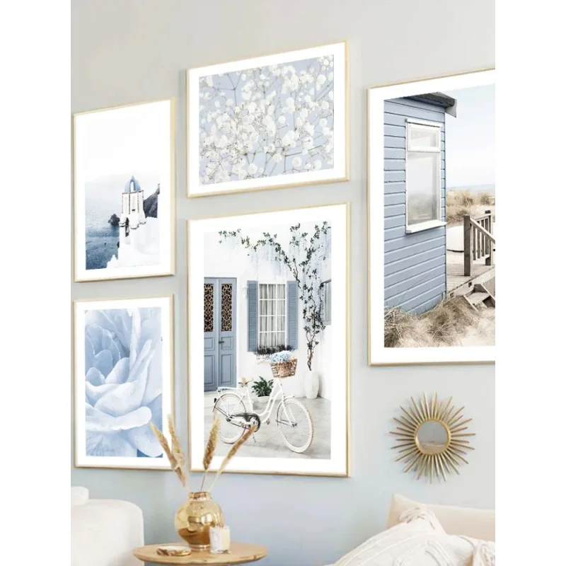 1PC frameless decorative art print,Modern Minimalist Aesthetics Wall Art Blue Rose Santorini Step Ocean HD Oil On Canvas Poster