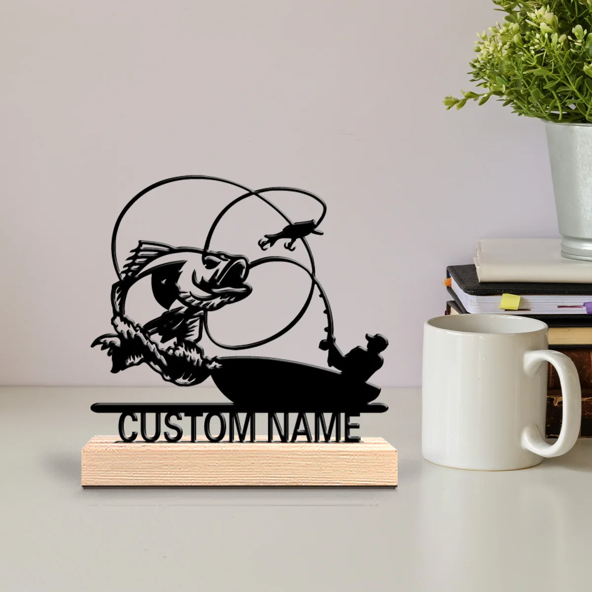 1pc Romantic Personalized Custom Fishing Metal Statues Fishing Enthusiast Gift With Wooden Stand Suitable For Office Bedroom