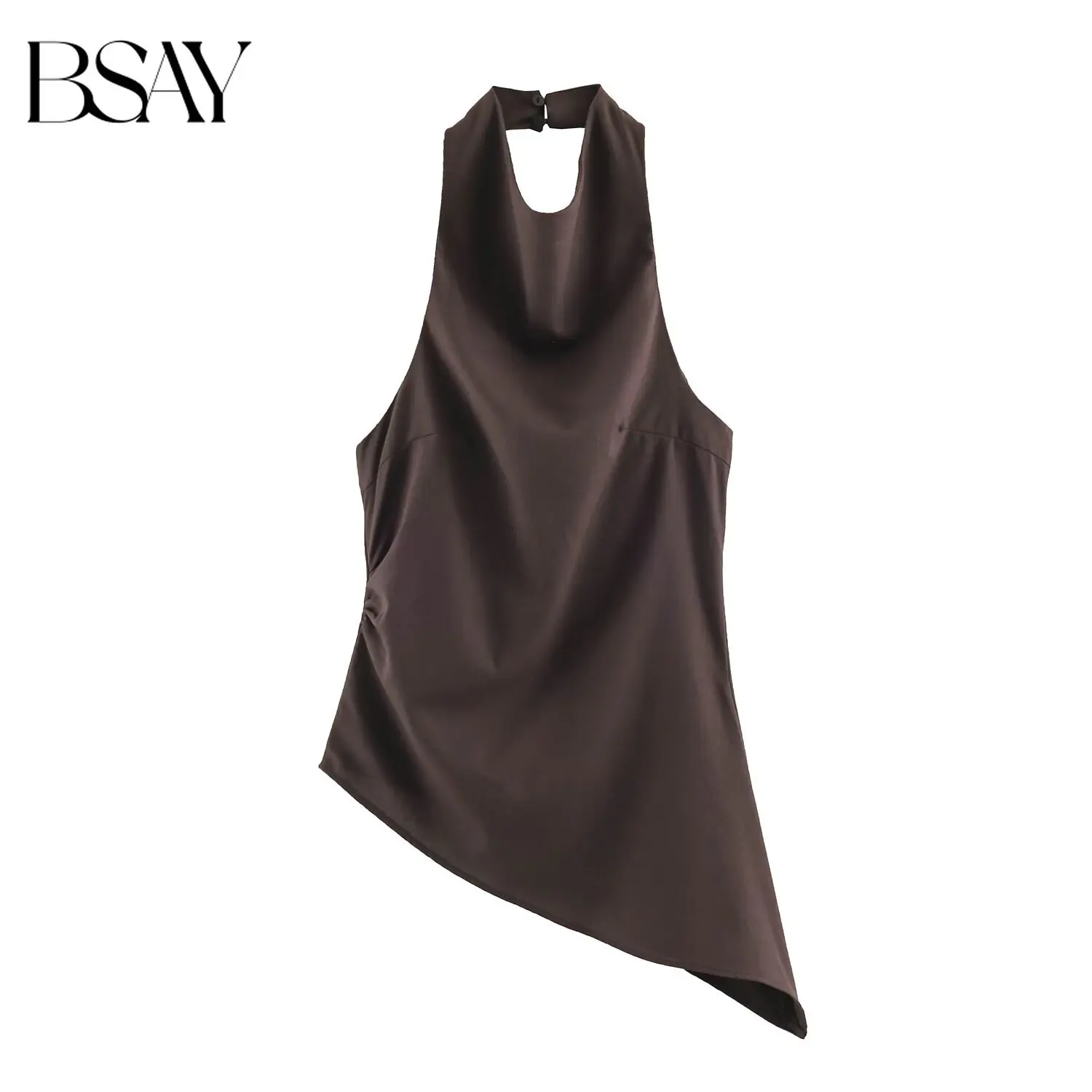 BSAY Summer Women's Satin Halter Vest Cowl Neck with Buttons Sleeveless Top Asymmetric Hem with Side Ruches Elegant Party Cami