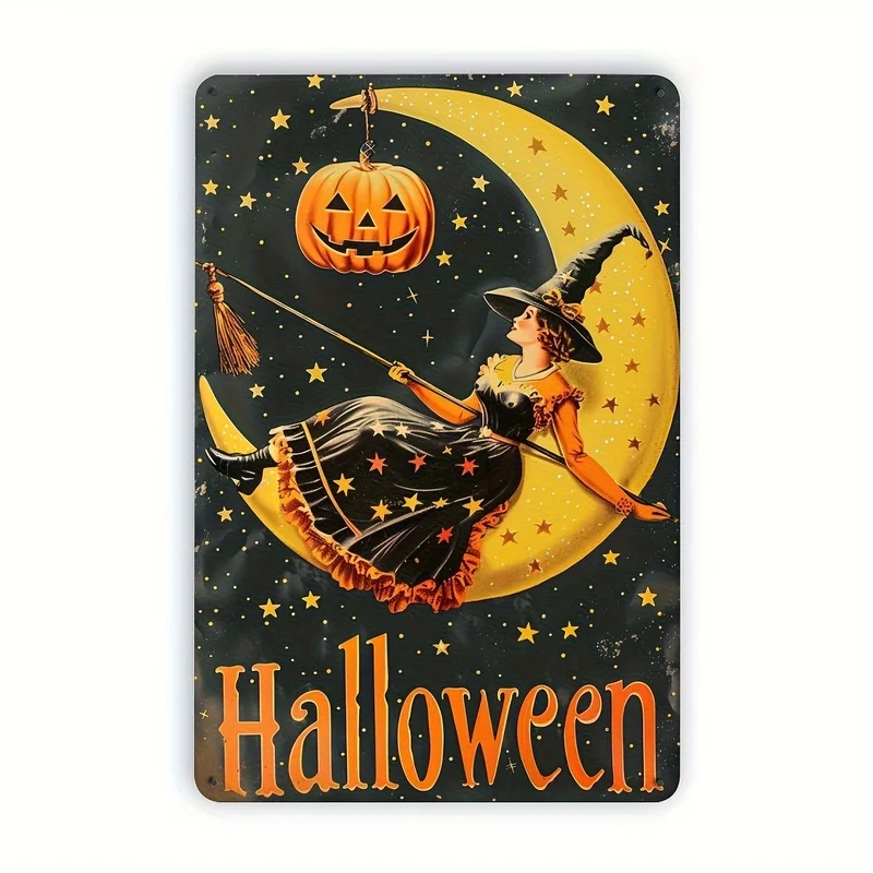 [2D Flat] Retro, Vintage Witch Metal Tin Sign- 20x30 Cm| Perfect for Halloween Decor, Indoor/Outdoor Use| Durable Iron Wall Art