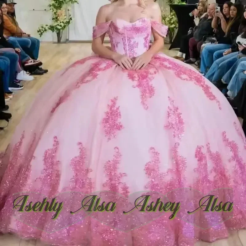 Vestido de Quinceañera Rosa Brillante con Apliques y Pedrería, Vestidos de 15 Años XV, Vestido Formal para Fiesta de Cumpleaños, Vestido de Quince Años