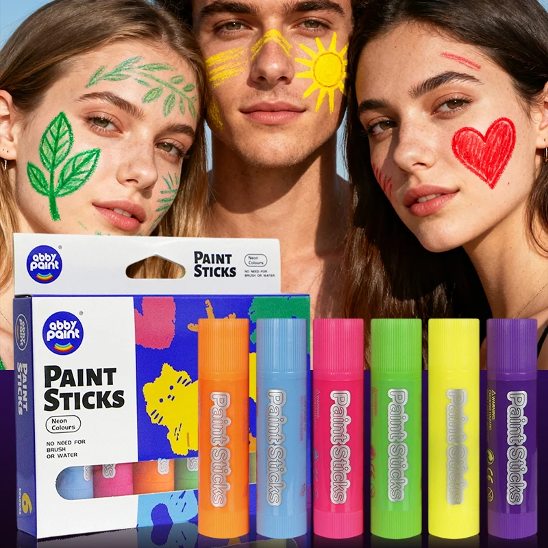 6 Neon Color Tempera Paint Sticks, No Mess, Quick Drying, Washable Kids Paint, Oil-Based Pastels, Non-Toxic for Toddlers