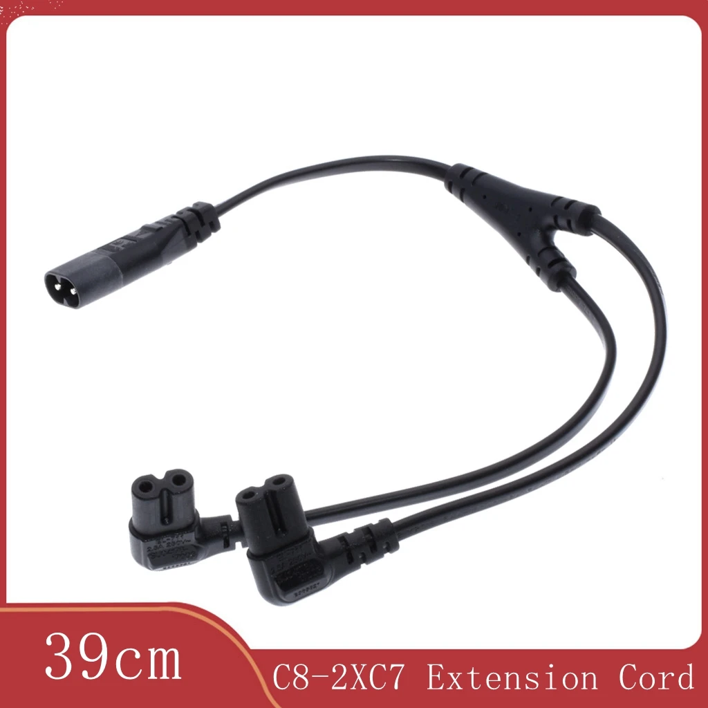 IEC 320 C8 Male to Dual C7 Right Angle Female Y Split Power Cable, IEC 2Pin Figure 8 Male to 2 Female Cord 39CM