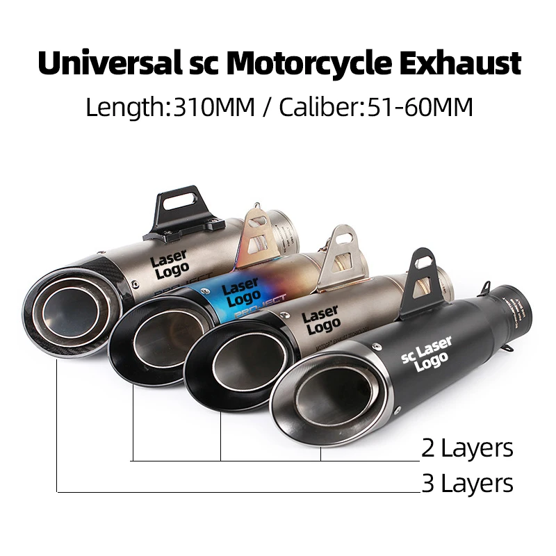 

2/3 Layer 51/60MM Universal sc Motorcycle Exhaust Muffler Pipe For Ninja250-650 Z900 R3/6/25 CBR300/500 MT07/09 GSXR750 ZX6R/10R