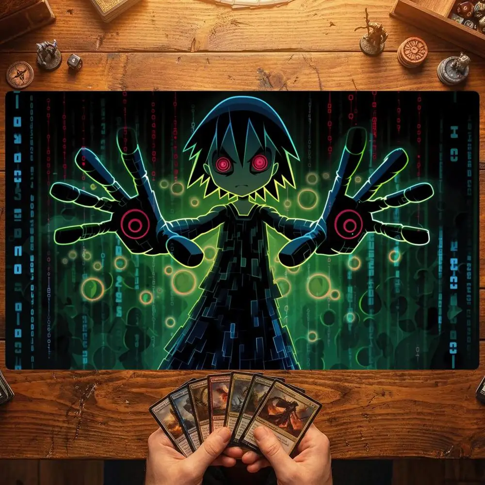 Cyber Digital Anime Girl TCG Playmat 35X60CM Magic Card Battle Mat Non‑Slip Durable Stitched Edge Tabletop Game Playmat