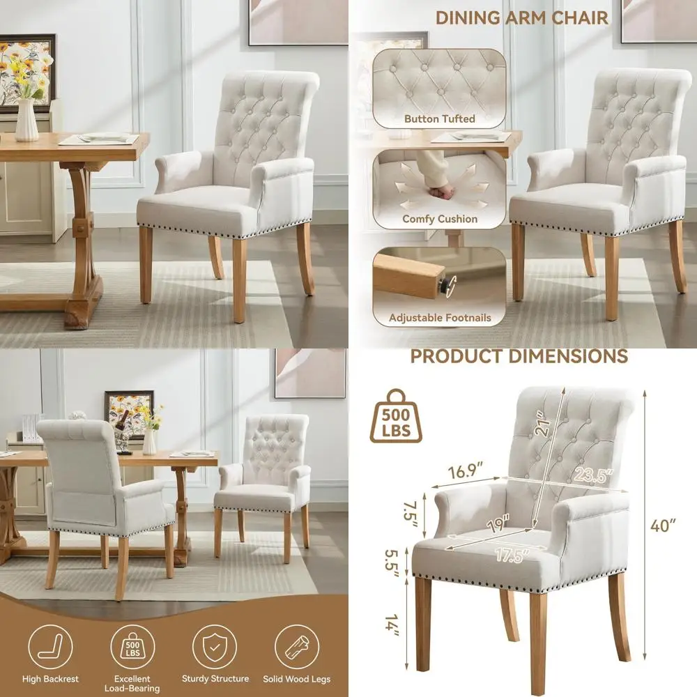 

Upholstered High-Back Dining Chairs with Arms, Tufted Fabric Seat, Accent Armchair Featuring Solid Wood Legs and Nailhead Trim