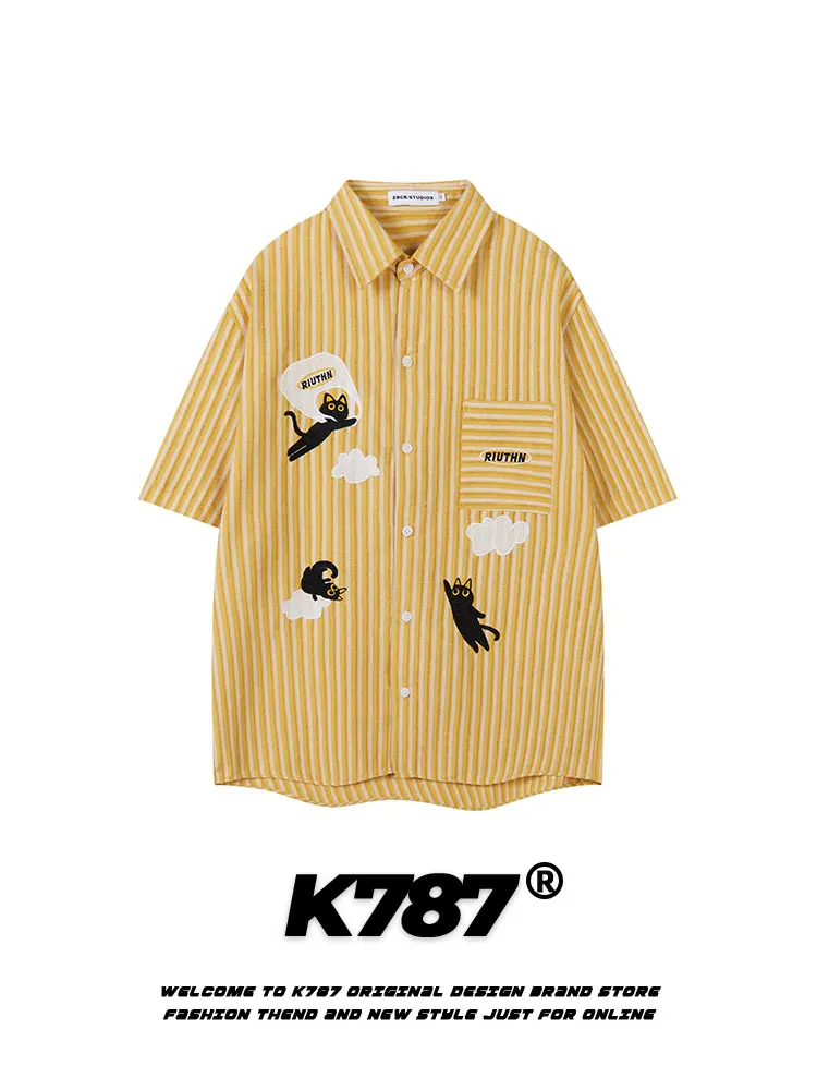 

K787 American Retro Embroidery ort Sve irt ex Striped Versatile College Sle f Sve Summer Breathable Co...