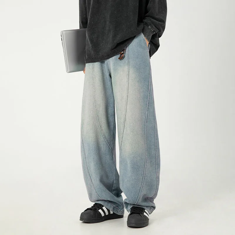 

Korean Version New Men'S Fashion Retro Wide Leg Washed Jeans Baggy Washed Curved Denim Trousers Neutral Classic Blue Jeans